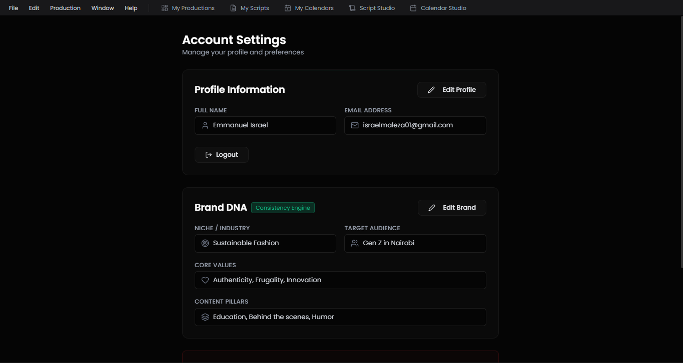 SanifuStudio Brand DNA Setup Interface